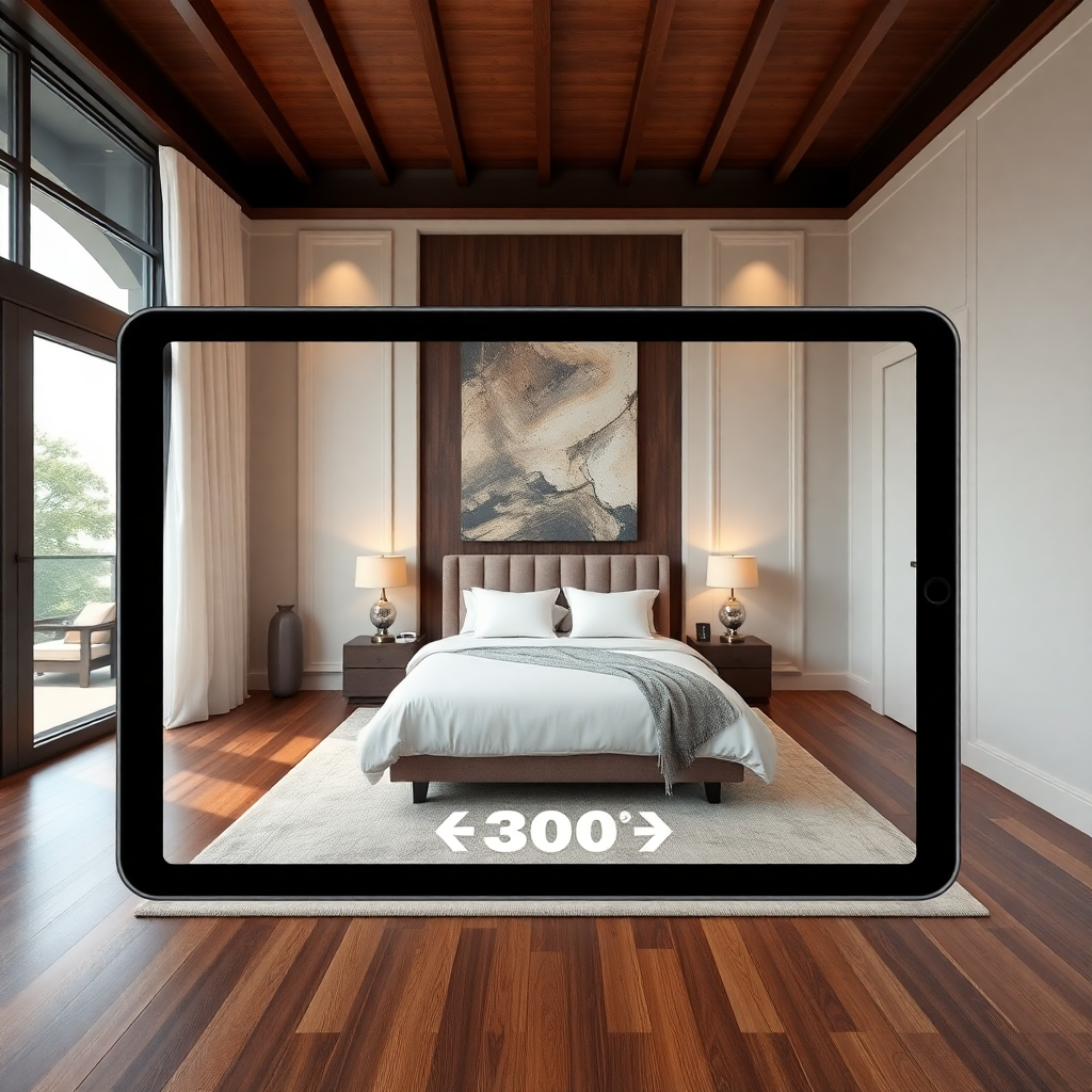 360 degree virtual tour interface on a tablet, luxury bedroom