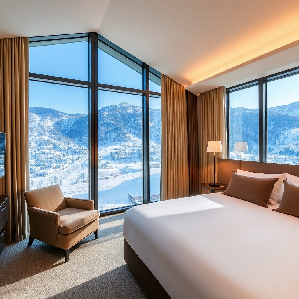 luxury mountain hotel suite Sport Hotel Hermitage Soldeu Andorra panoramic ski slope view floor to ceiling windows alpine interior design editorial photography champagne tones