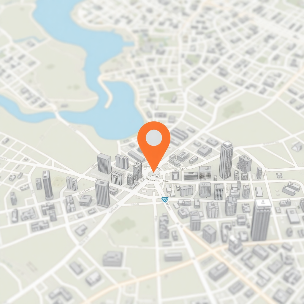 city map view with location pin marker, streets and buildings