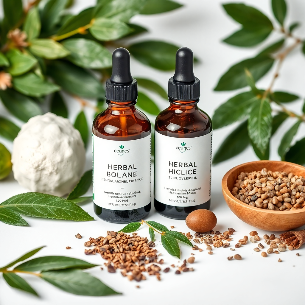 herbal medicine bottles and natural ingredients, green leaves, wellness products on white background, professional product photography, bright and clean