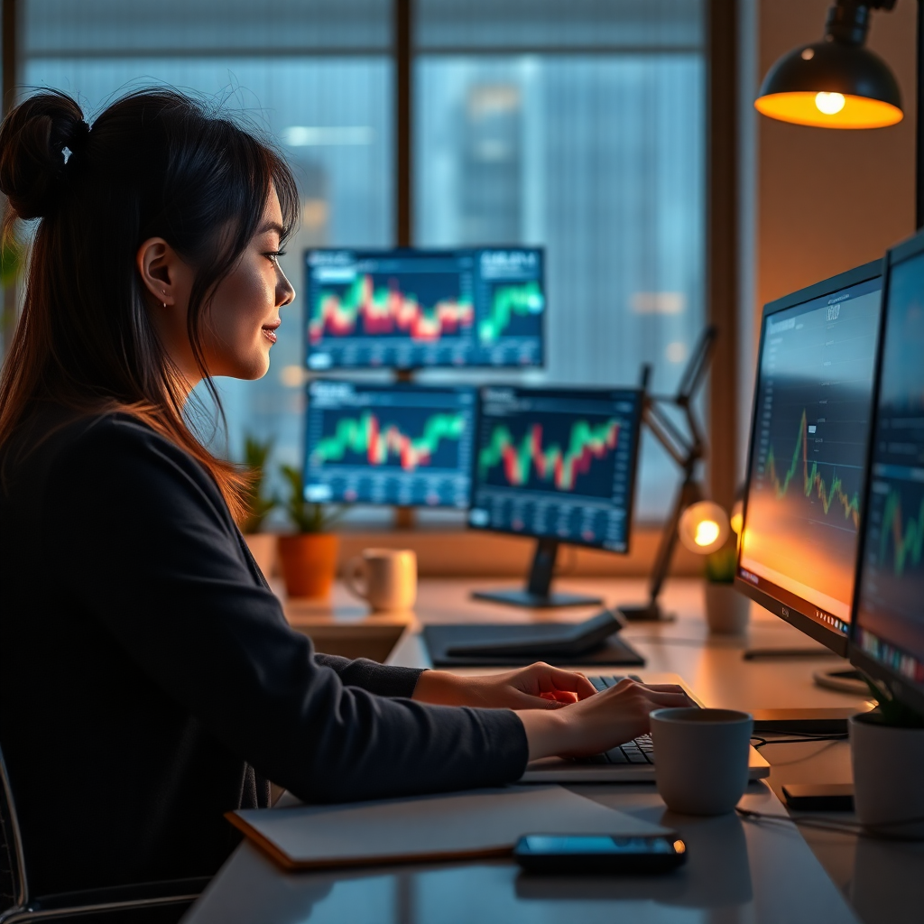 Asian woman entrepreneur working late in modern office, financial charts on screens, inspiring startup atmosphere, warm lighting