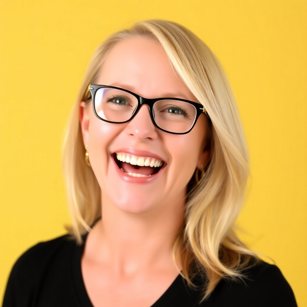 Headshot of Mel Robbins, a laughing blonde woman with glasses against a light yellow-green studio background.