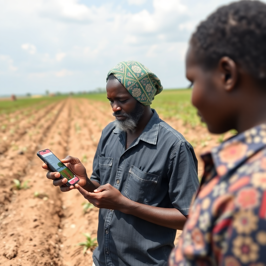 African farmers using digital technology in fields