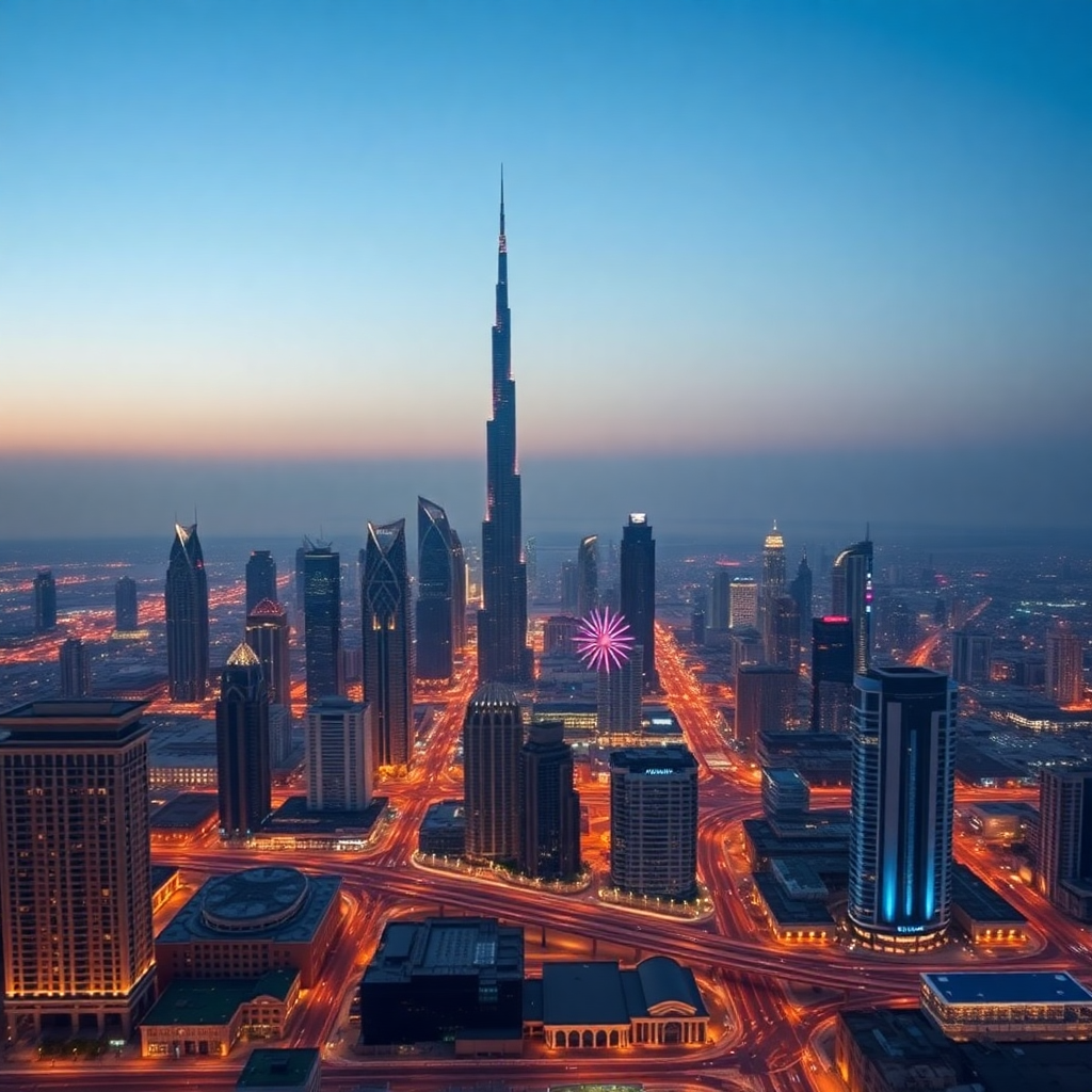 Dubai skyline panorama at dusk, Burj Khalifa visible, modern city architecture, blue hour lighting, professional cityscape photography, clear sky, luxury urban landscape