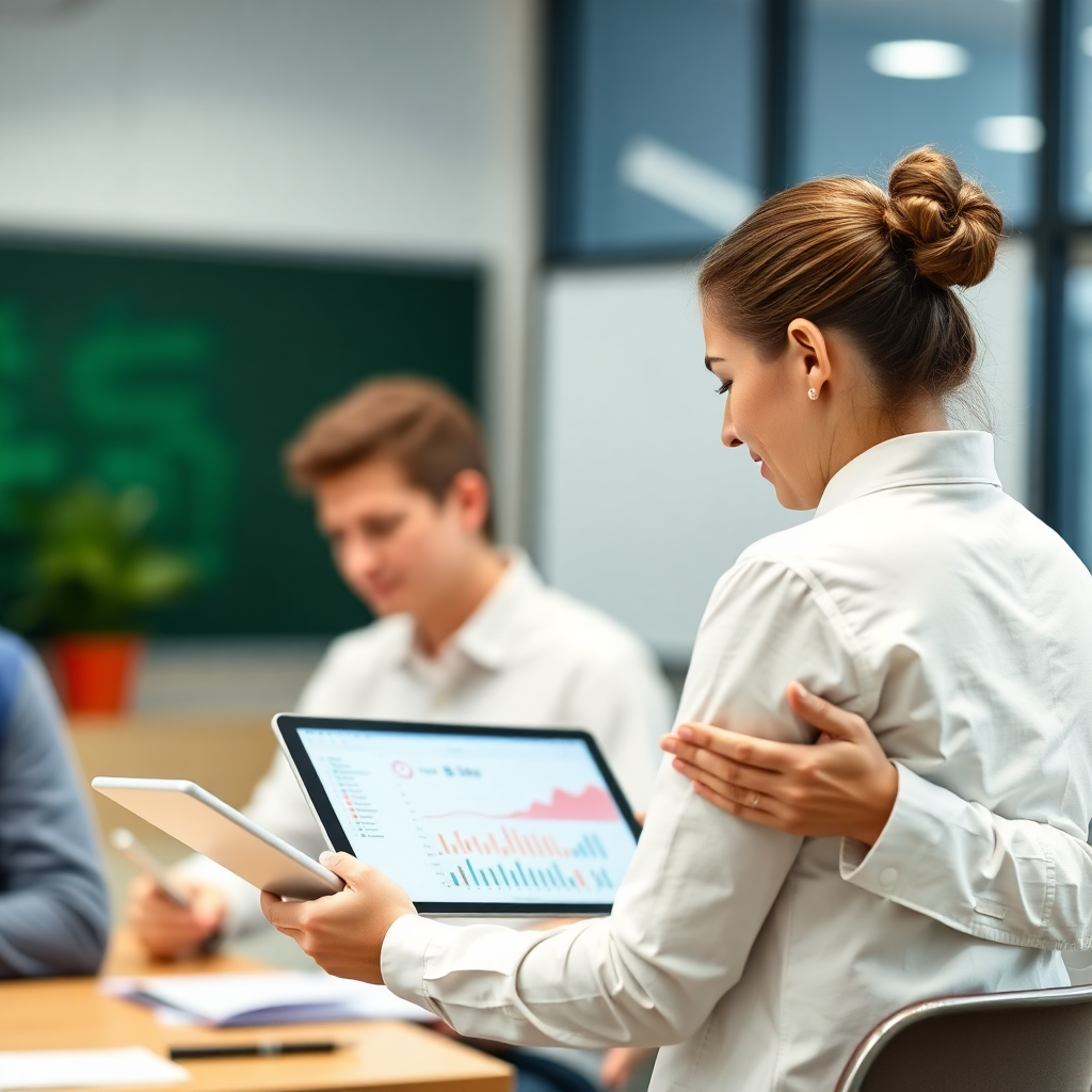teacher reviewing student performance and grades on tablet device in modern classroom