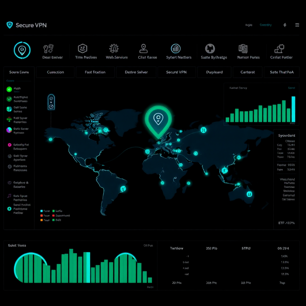 secure VPN network visualization, cybersecurity dashboard interface, global server map, dark theme with blue and green accents