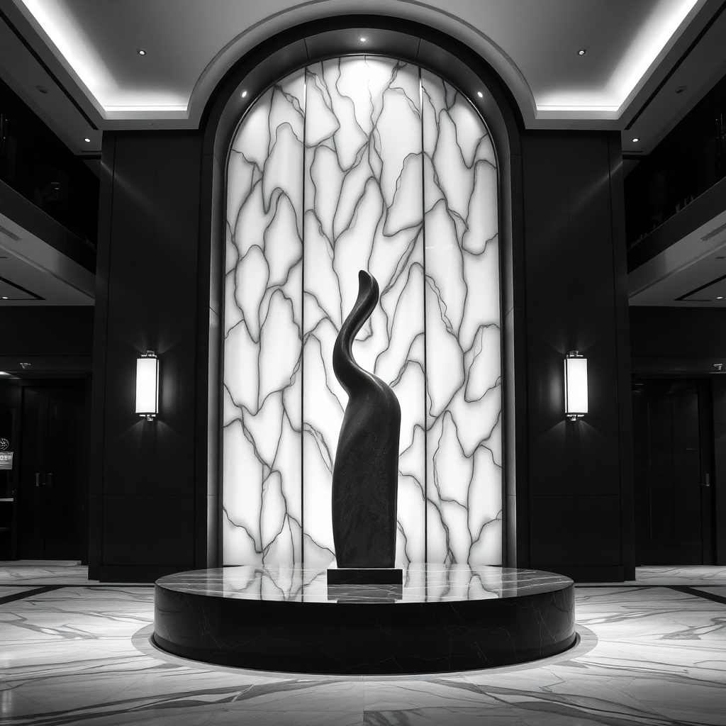 black and white artistic photo of luxury hotel lobby detail with sculpture, elegant minimalist composition