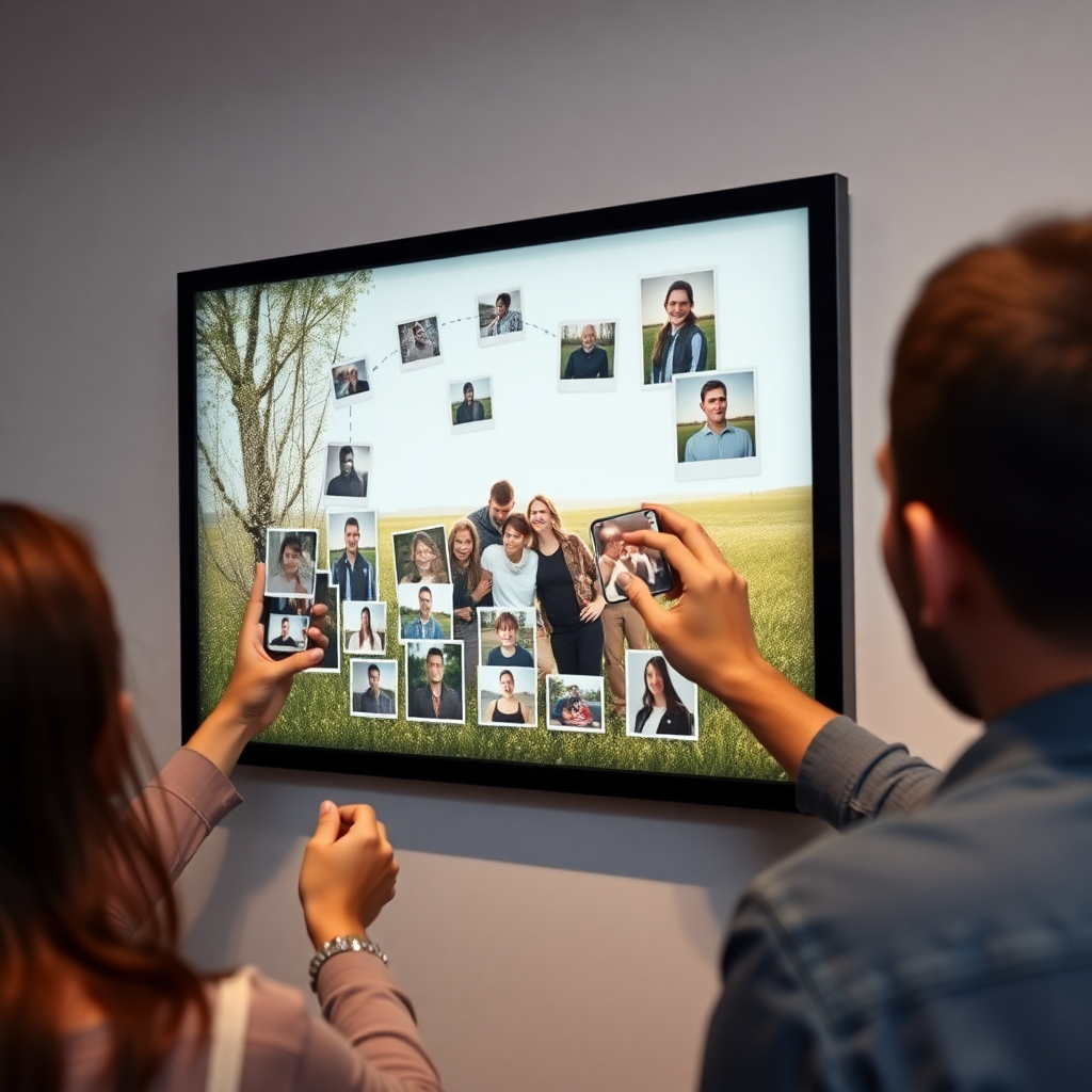 multiple people adding photos to digital memorial, collaborative experience, emotional technology