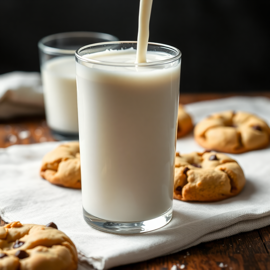 close up of milk being poured into a glass next to cookies