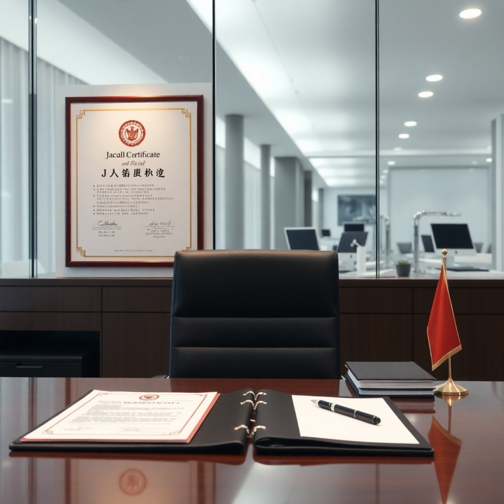 official JAC certificate and documents on professional desk corporate office setting business documents