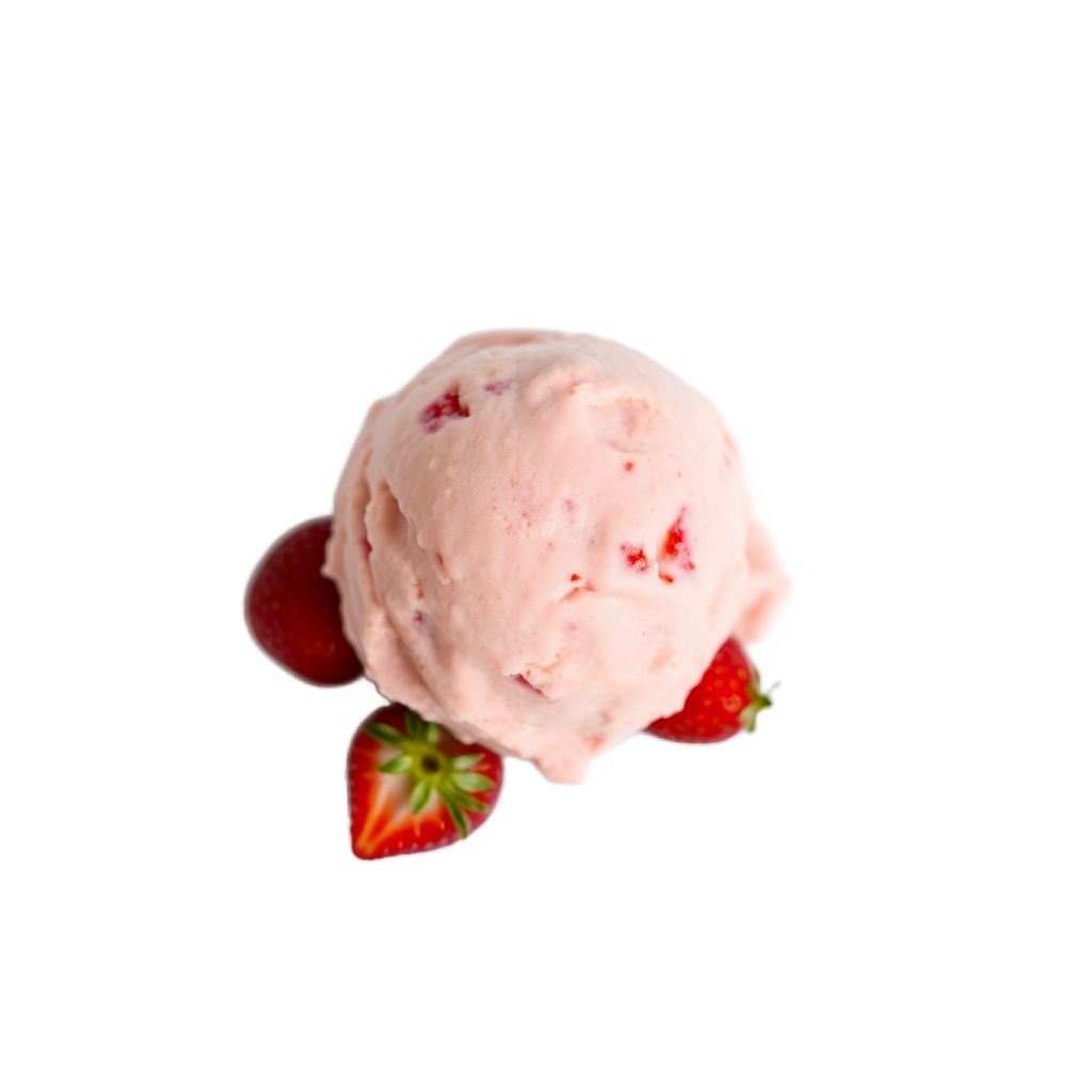 single scoop of strawberry ice cream on white background