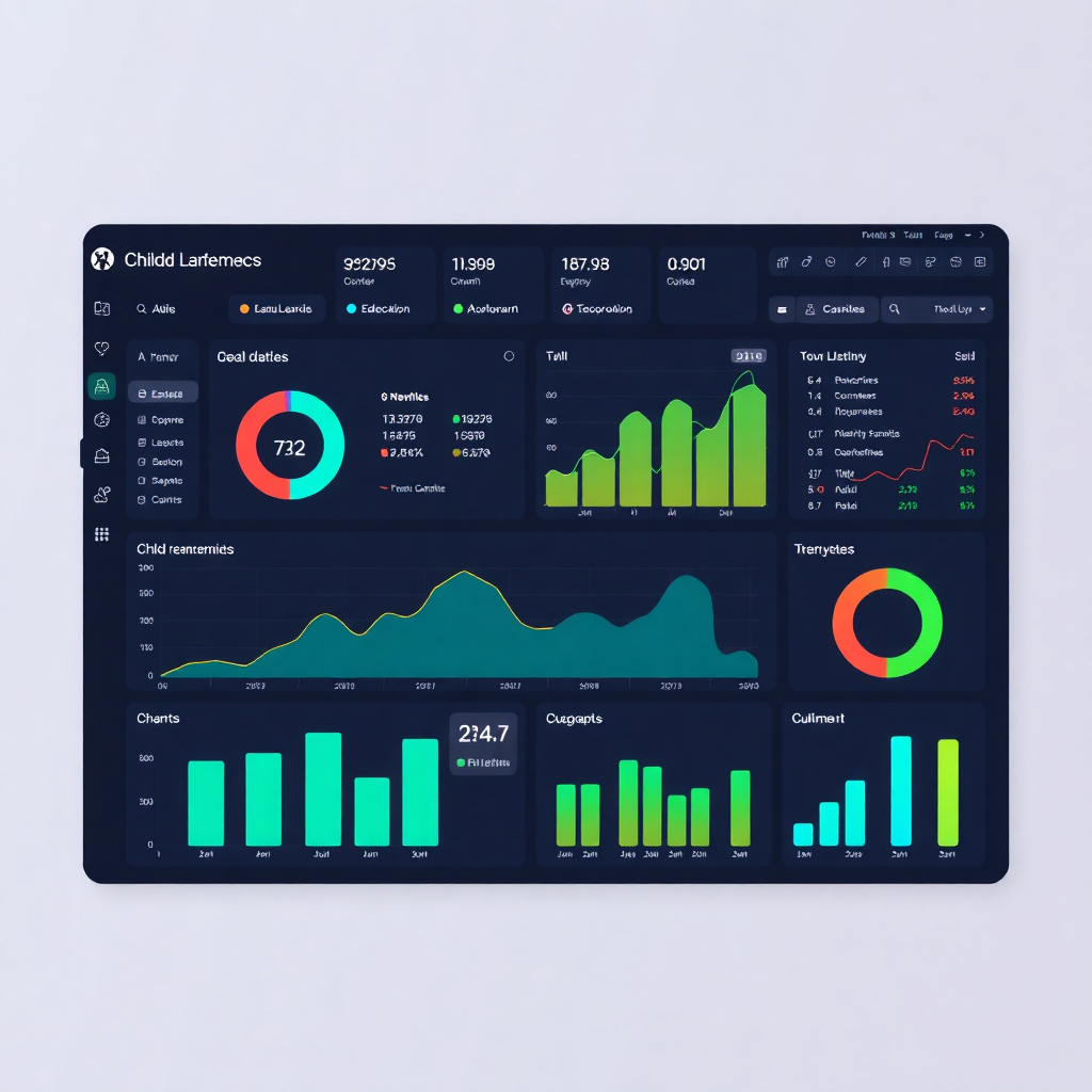 AI analytics dashboard showing child learning progress, charts and graphs, educational data visualization