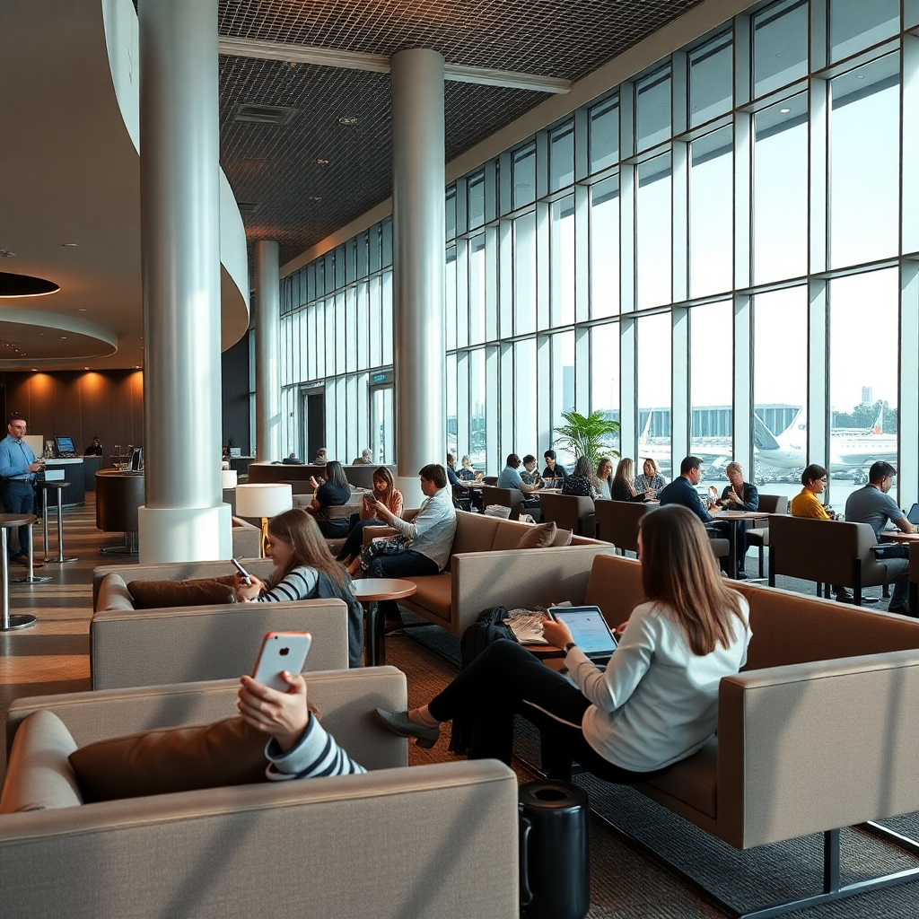 luxury airport lounge with modern comfortable seating, passengers using tablets and phones for interactive experiences, premium calm atmosphere, natural lighting, sophisticated interior design