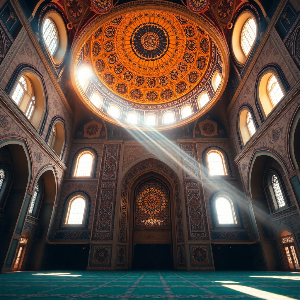beautiful mosque interior with ornate islamic geometric patterns, golden dome, natural sunlight streaming through arched windows, peaceful prayer hall, warm lighting