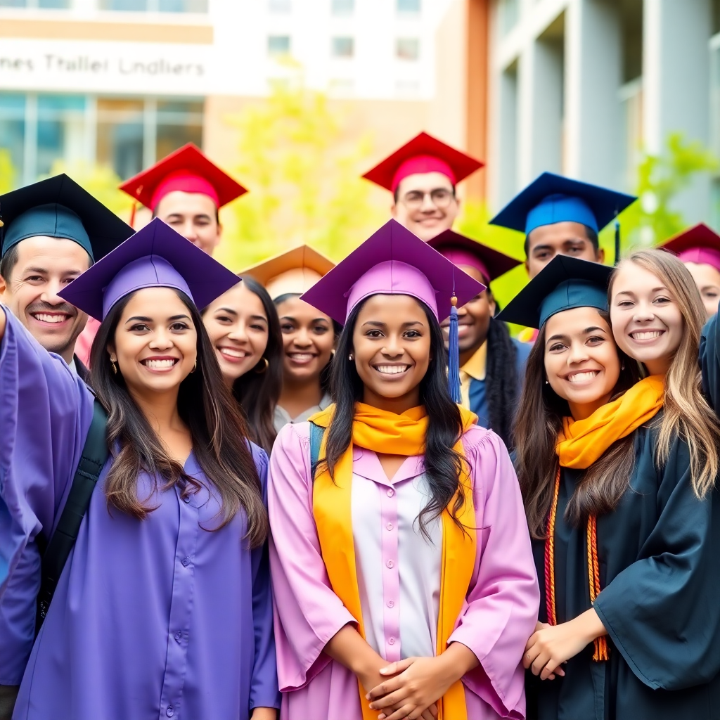 diverse group of happy international students celebrating graduation with colorful caps and gowns, modern university campus background, bright and energetic atmosphere