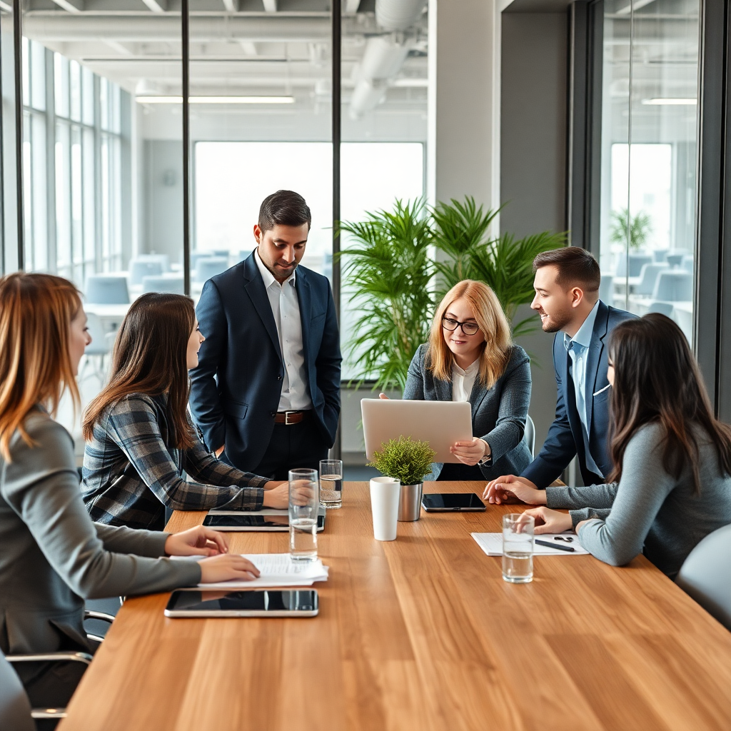 business team collaboration meeting with modern office interior, professional photography