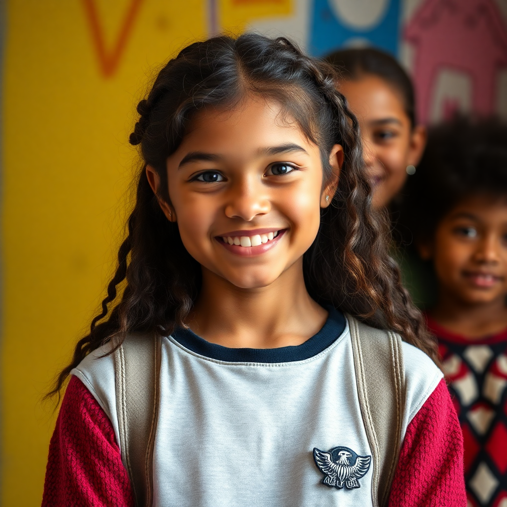 young student portrait, empathetic and hopeful, diverse background