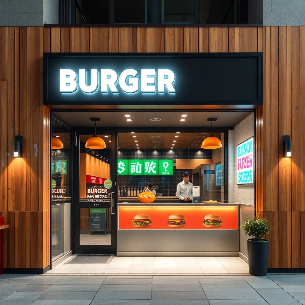 modern burger shop storefront glass and wood facade