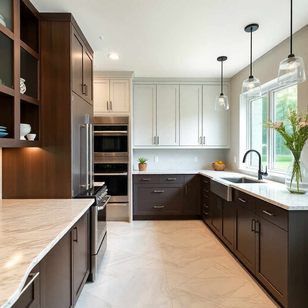 modern renovated kitchen with custom cabinetry and stone countertops