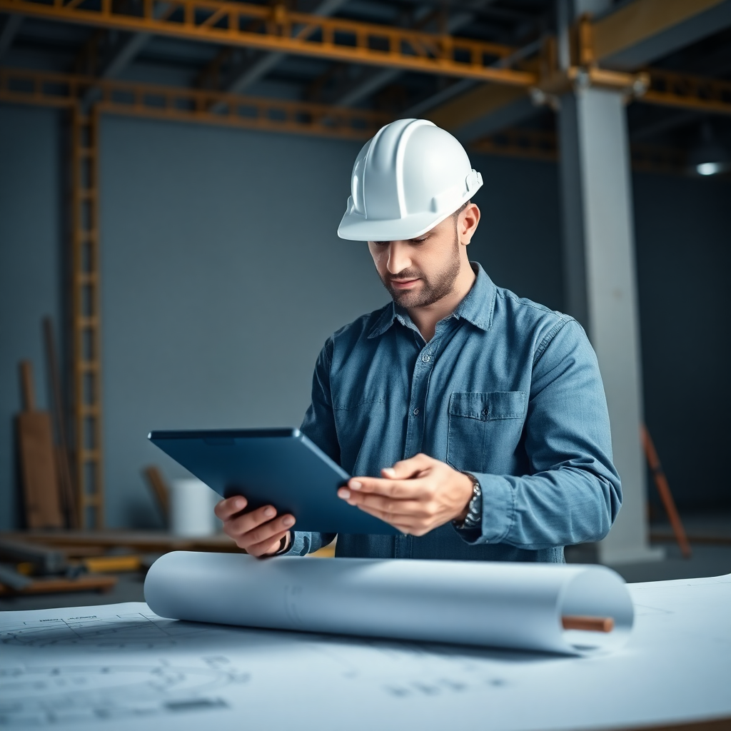 modern architect working on blueprint digital tablet construction site background high quality professional lighting navy blue theme