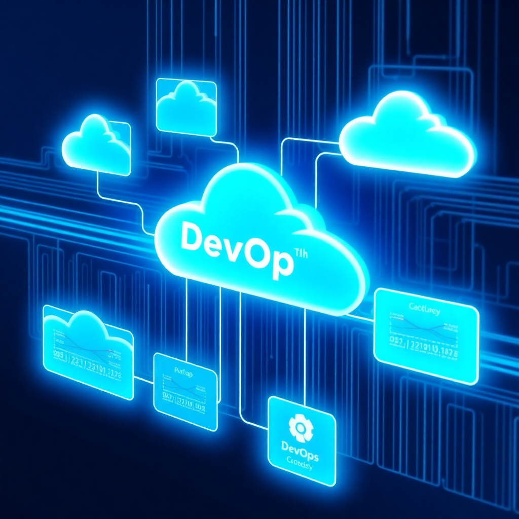 cloud computing and DevOps pipeline visualization in blue futuristic style