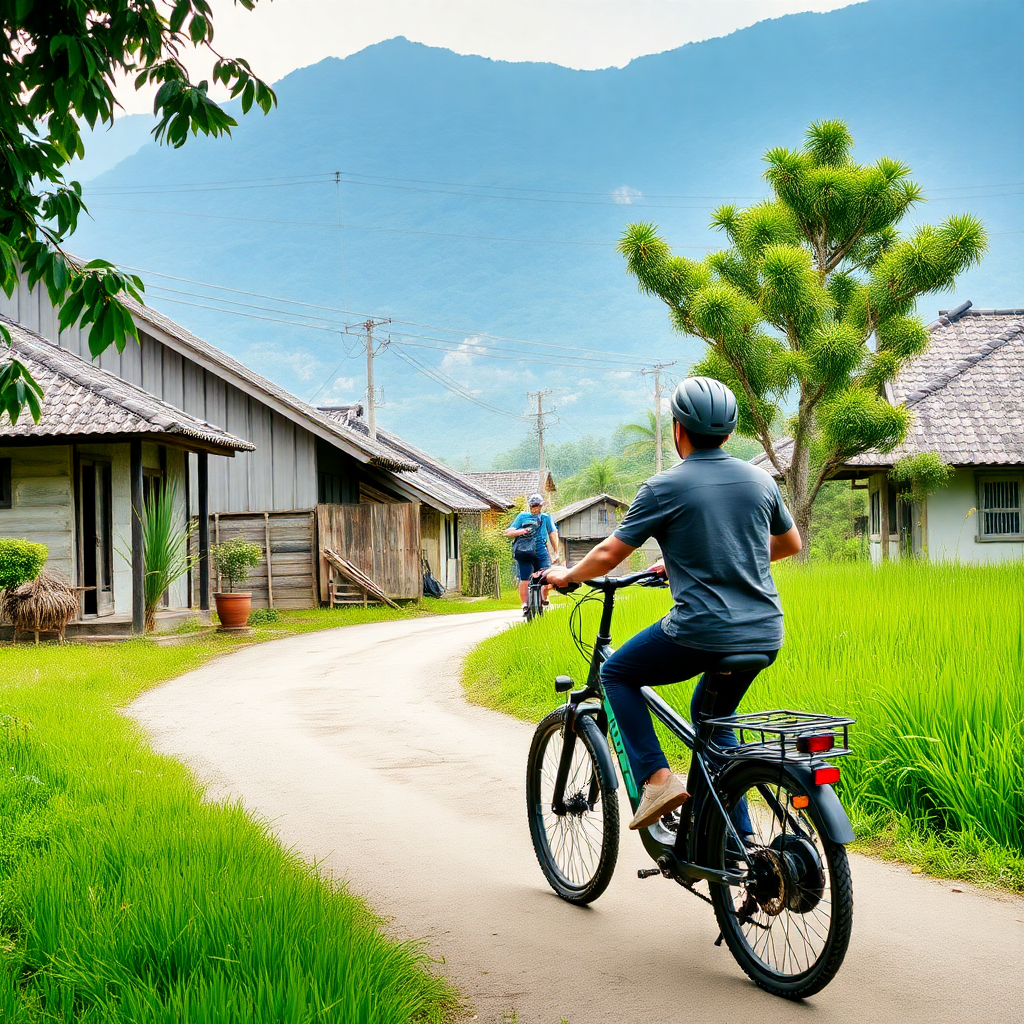 person riding electric bike through Vietnamese village with traditional houses, sustainable travel concept, professional photography