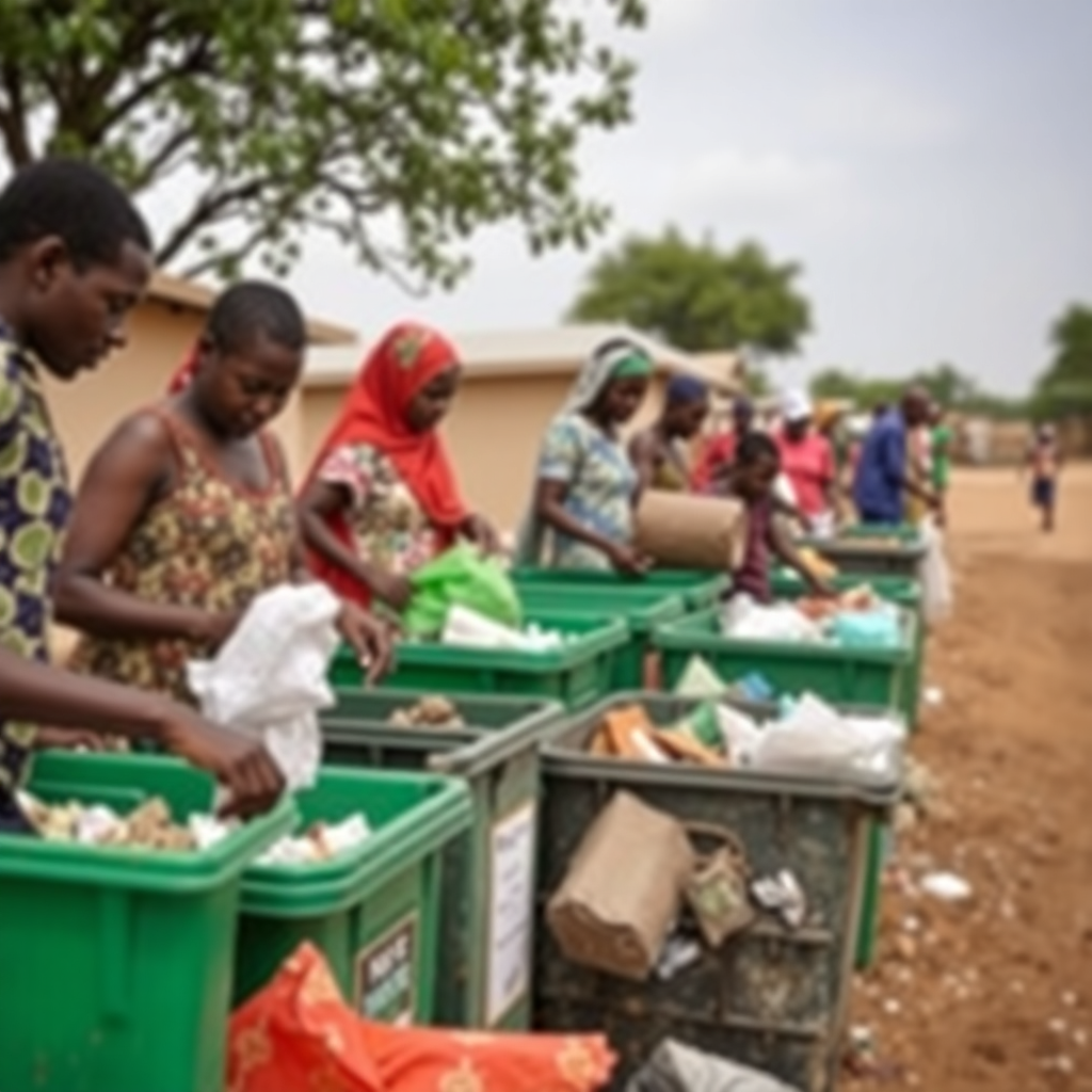Community recycling project in Nigeria, people sorting waste materials, environmental sustainability initiative, green bins, outdoor setting, Benue, documentary style photography