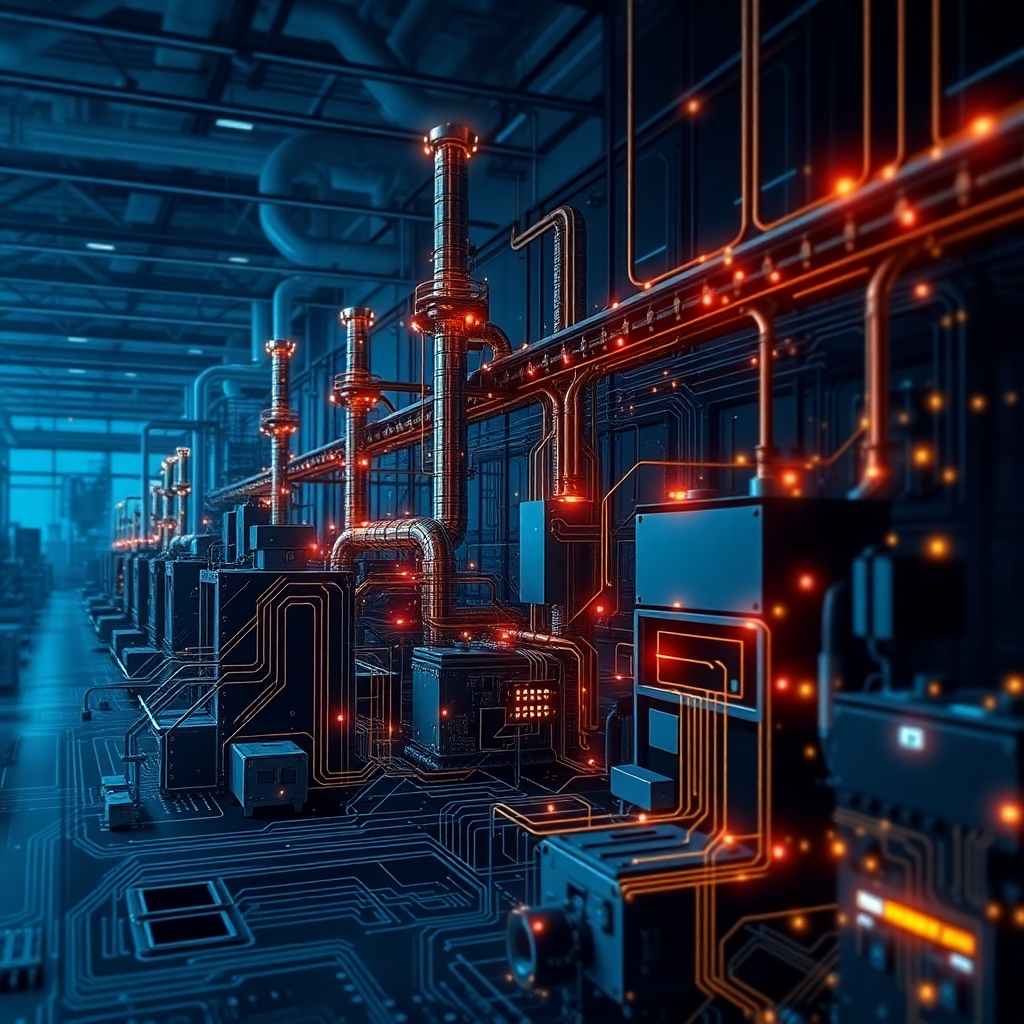 industrial factory with digital overlays, circuit patterns, IoT devices, dark blue tech background