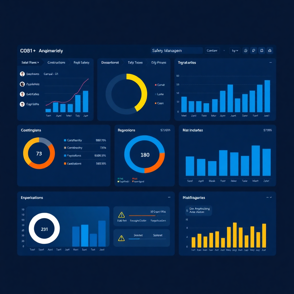 modern construction safety management dashboard interface with charts, KPIs, and risk indicators, clean UI design, professional blue theme