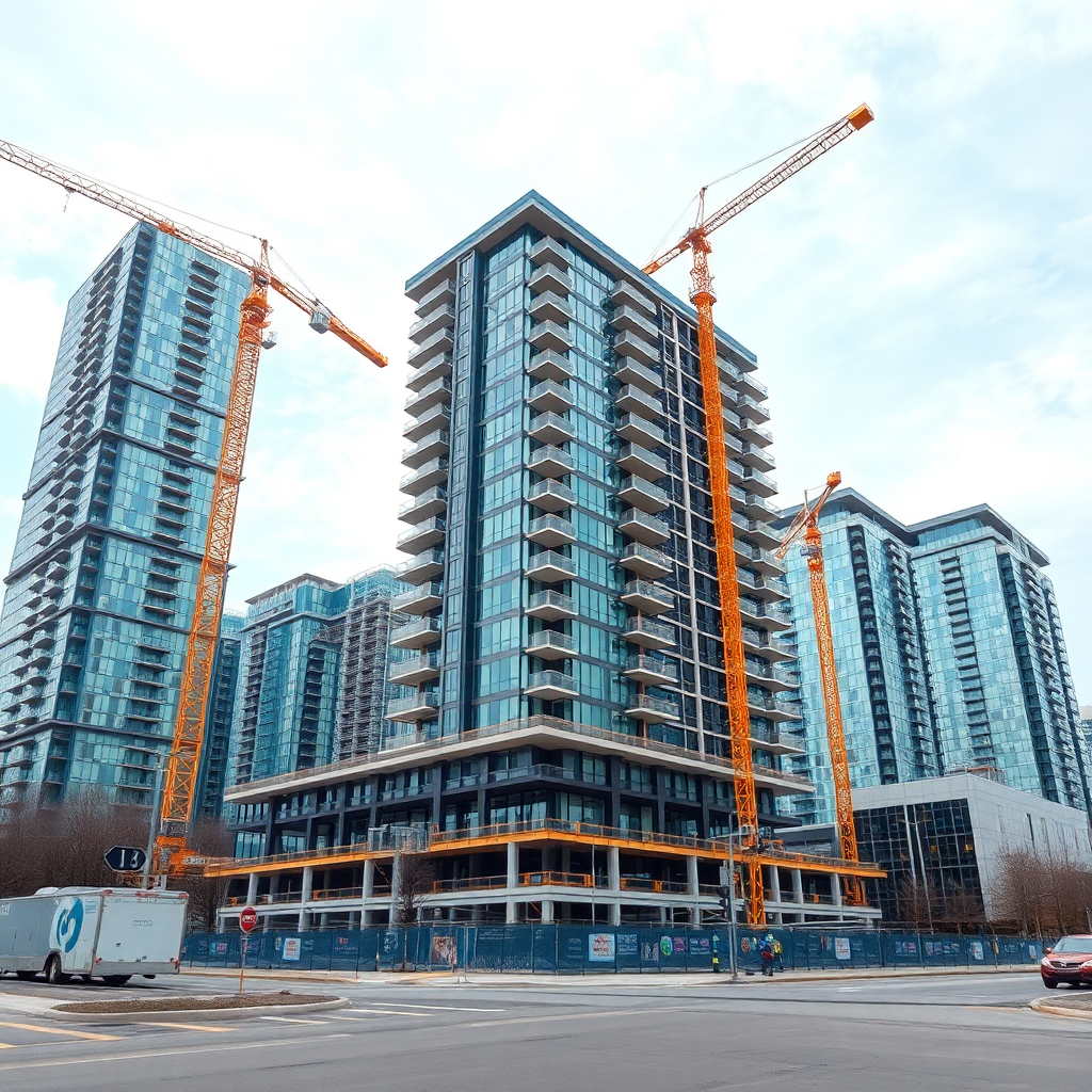 modern toronto condo building construction site with cranes and luxury development