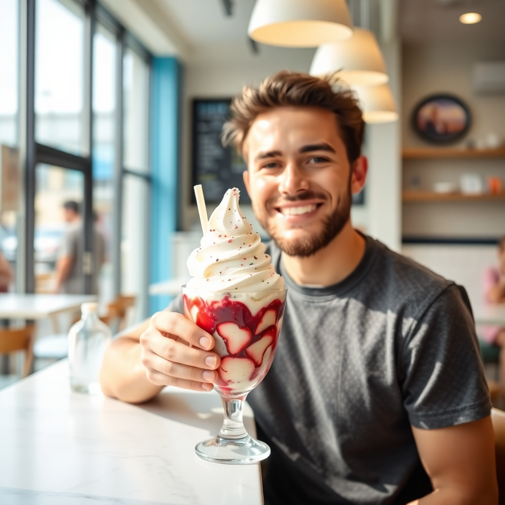 happy customer enjoying ice cream sundae in a bright cafe
