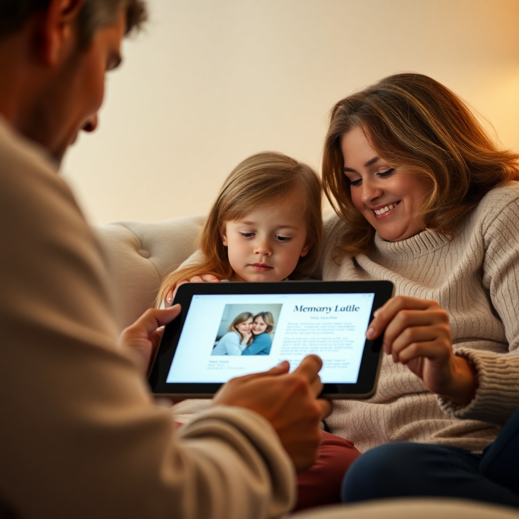 family looking at memorial digital page on tablet, emotional moment, soft lighting