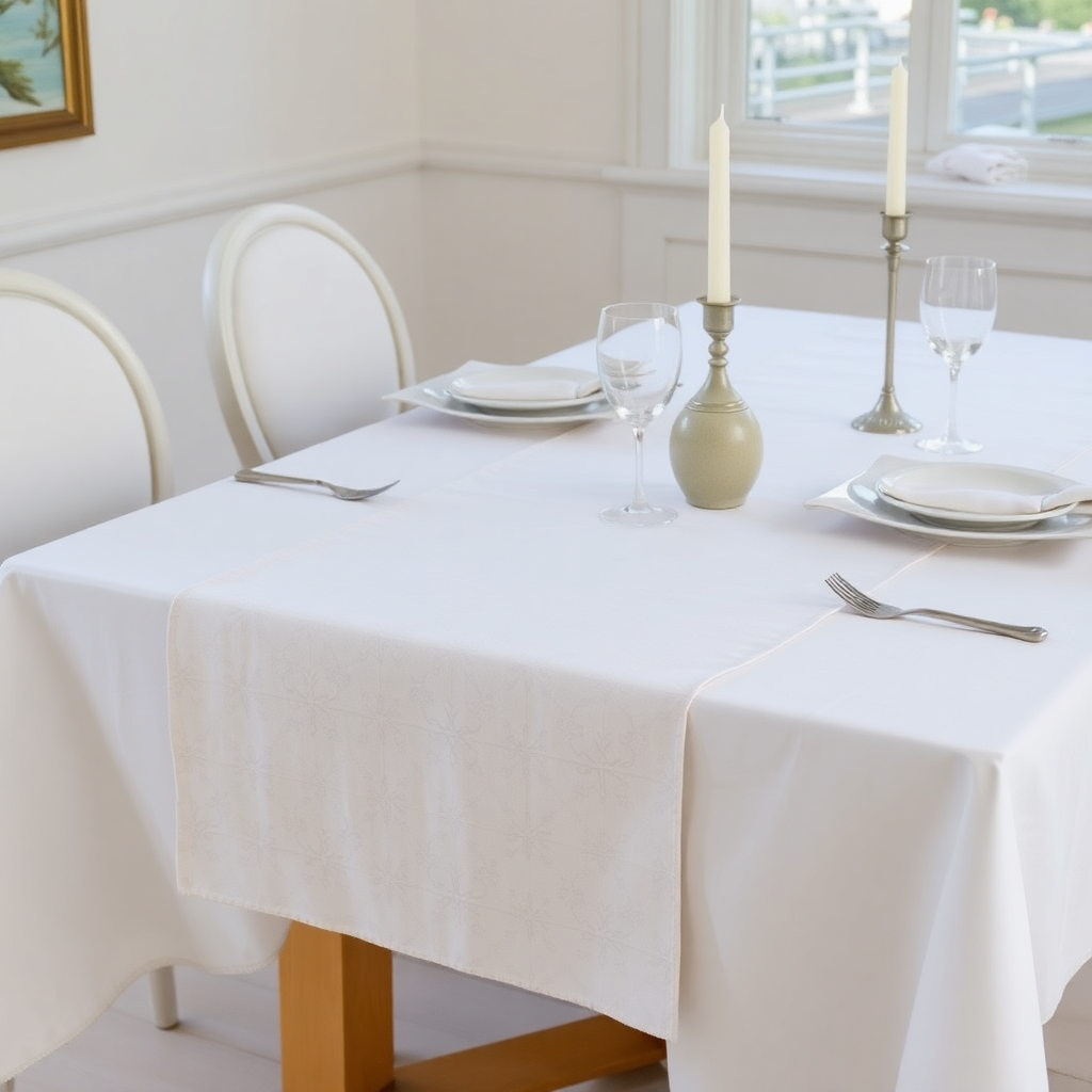 cotton table runner on dining table with elegant place setting