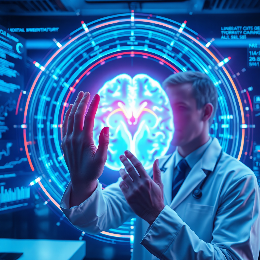 futuristic brain scan visualization with medical professional analyzing data, cool blue lighting, high-tech medical environment