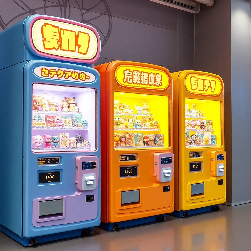 Machines gashapon modernes en bleu, rose et jaune avec design futuriste