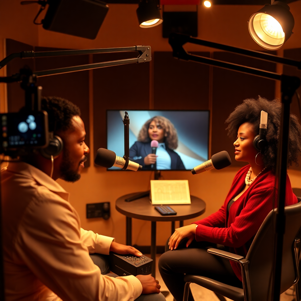 podcast studio setup with Black male and Black female hosts in engaging conversation, professional video production, warm lighting, authentic discussion, high quality