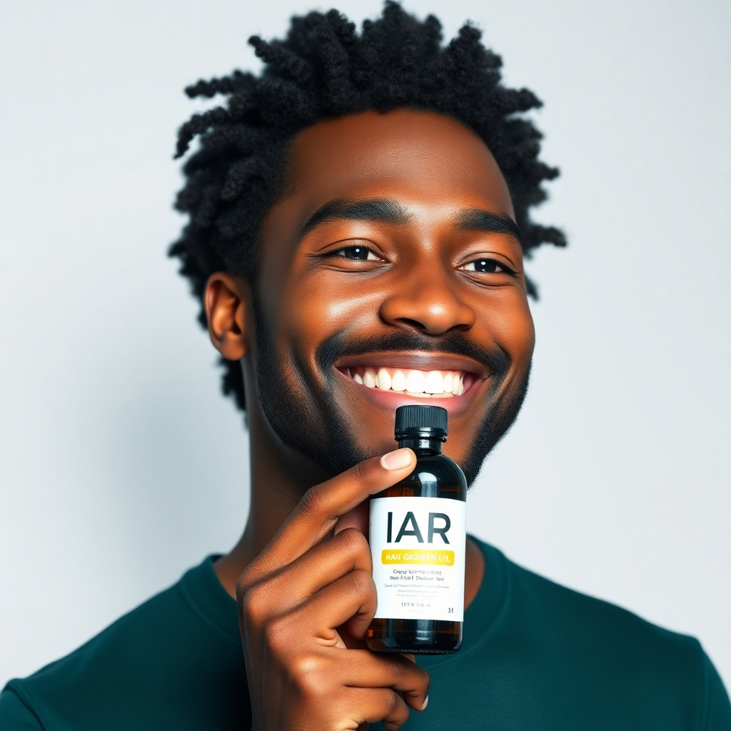 A Black man with healthy, curly hair smiling and holding a bottle of IAR hair growth oil, studio lighting, clean background, authentic