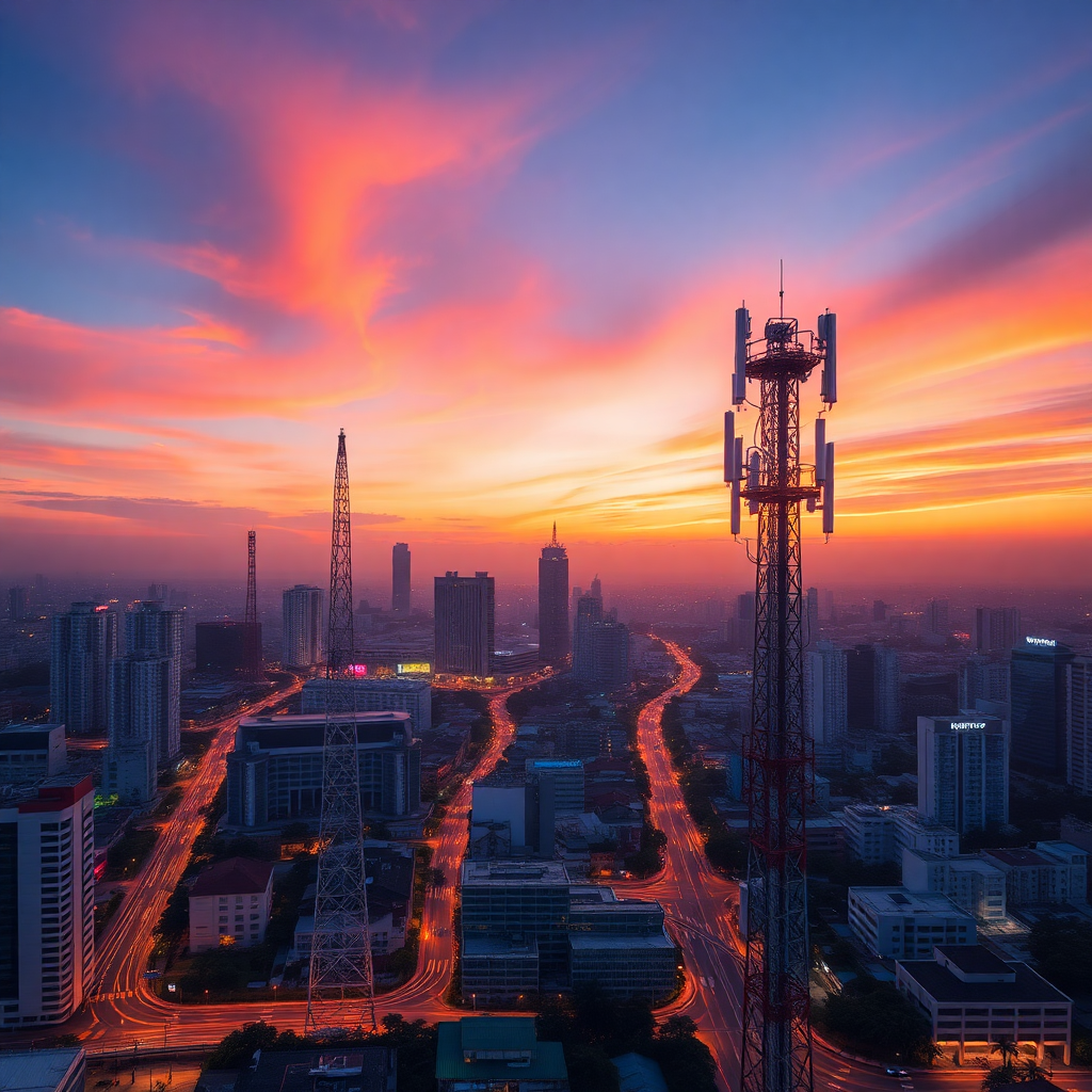 Telecommunications towers and city connectivity at dusk, illustrative render