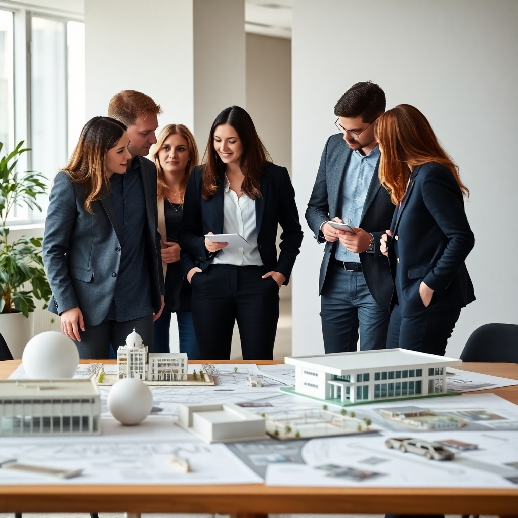 A diverse team of professional event managers collaborating in a modern, bright office with architectural models and event plans on the table, candid corporate lifestyle photograph