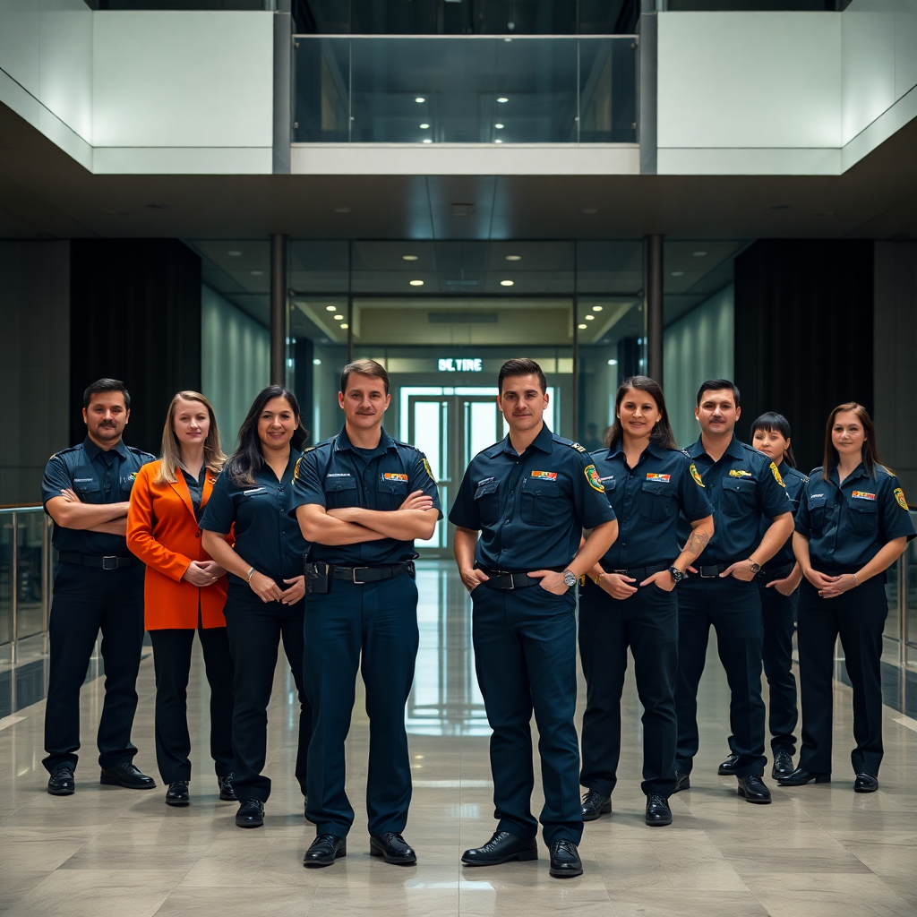 A diverse team of professional security guards in uniform standing in formation in a modern building lobby, looking confident and approachable, cinematic lighting.