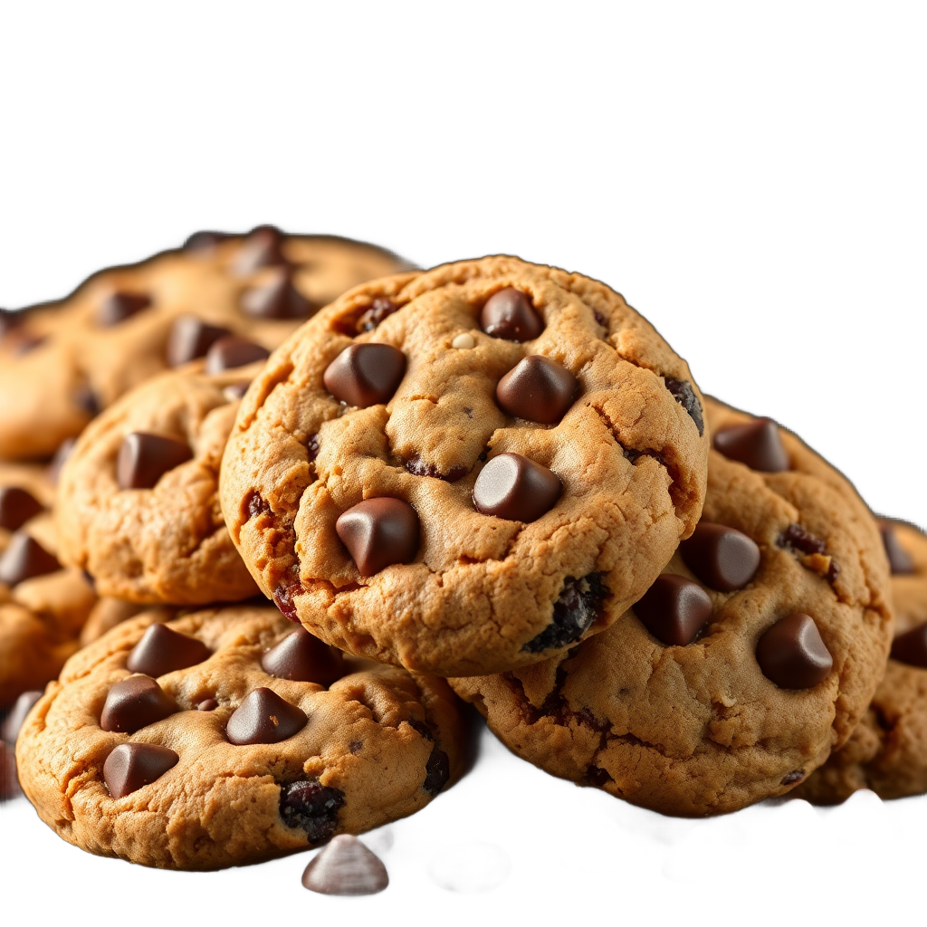a pile of gourmet thick chocolate chip cookies, warm, melting chocolate, high resolution food photography, transparent background