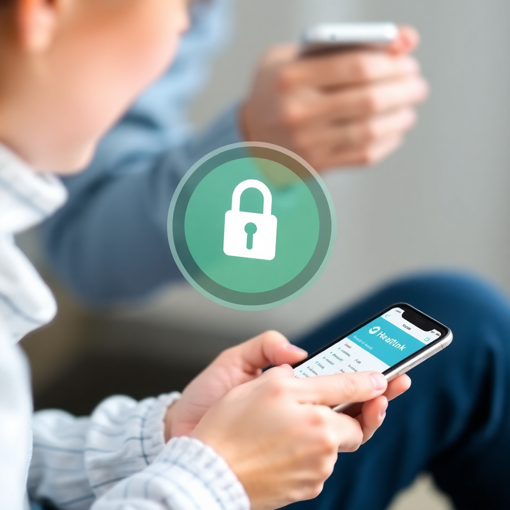 parent using mobile app for child health records, showing secure data transfer interface with lock icon