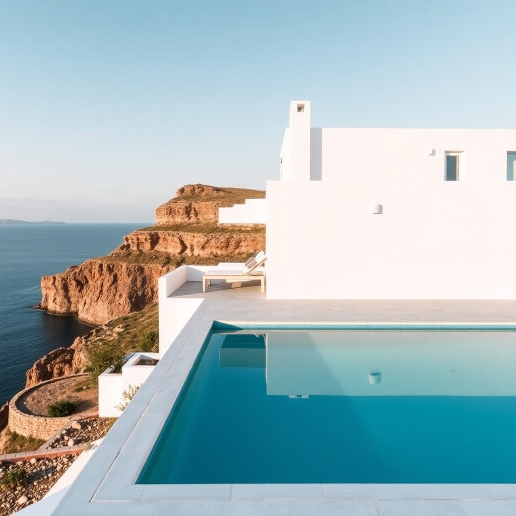 luxury villa in santorini with white walls and infinity pool overlooking ocean