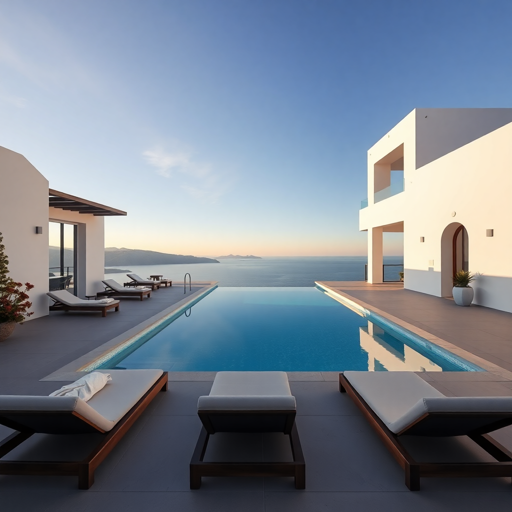 luxury villa in santorini with white walls and infinity pool overlooking ocean