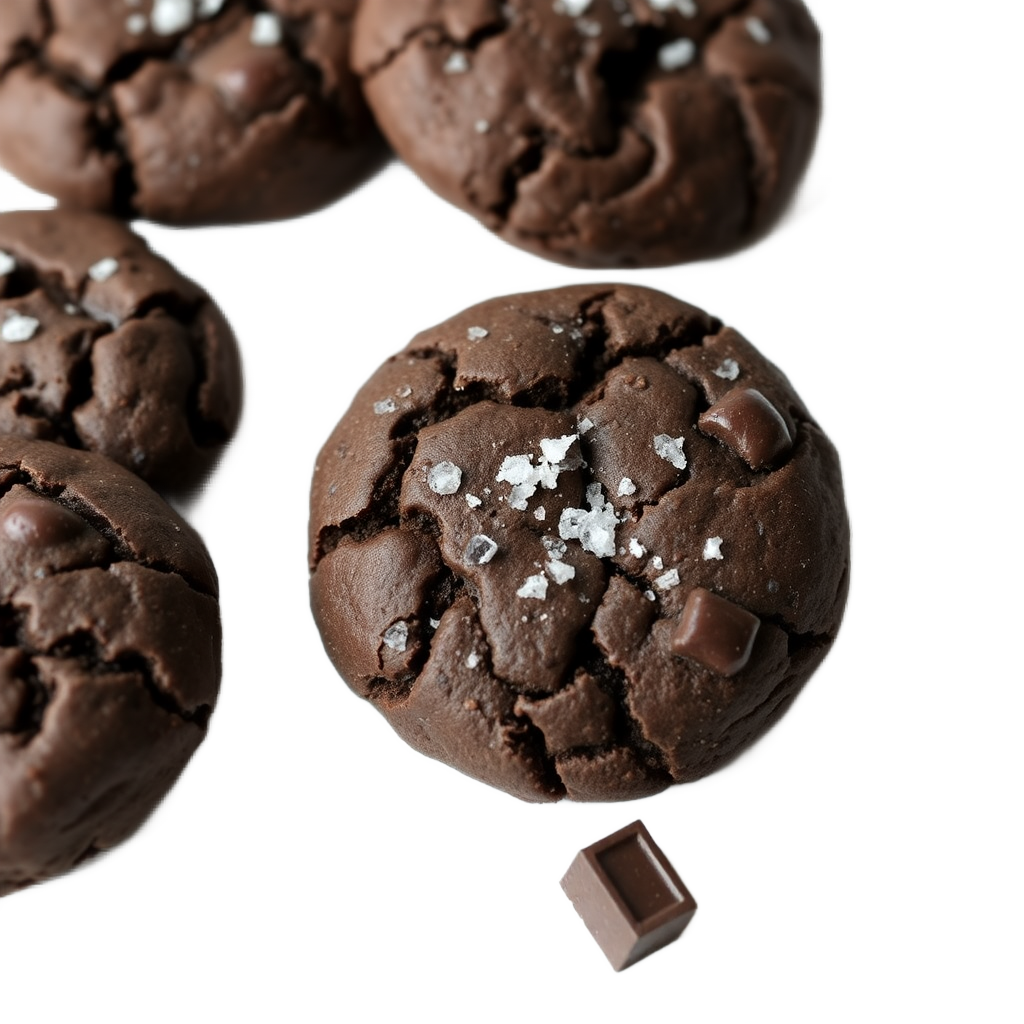 single sea salt dark chocolate cookie, chunky texture, professional food styling