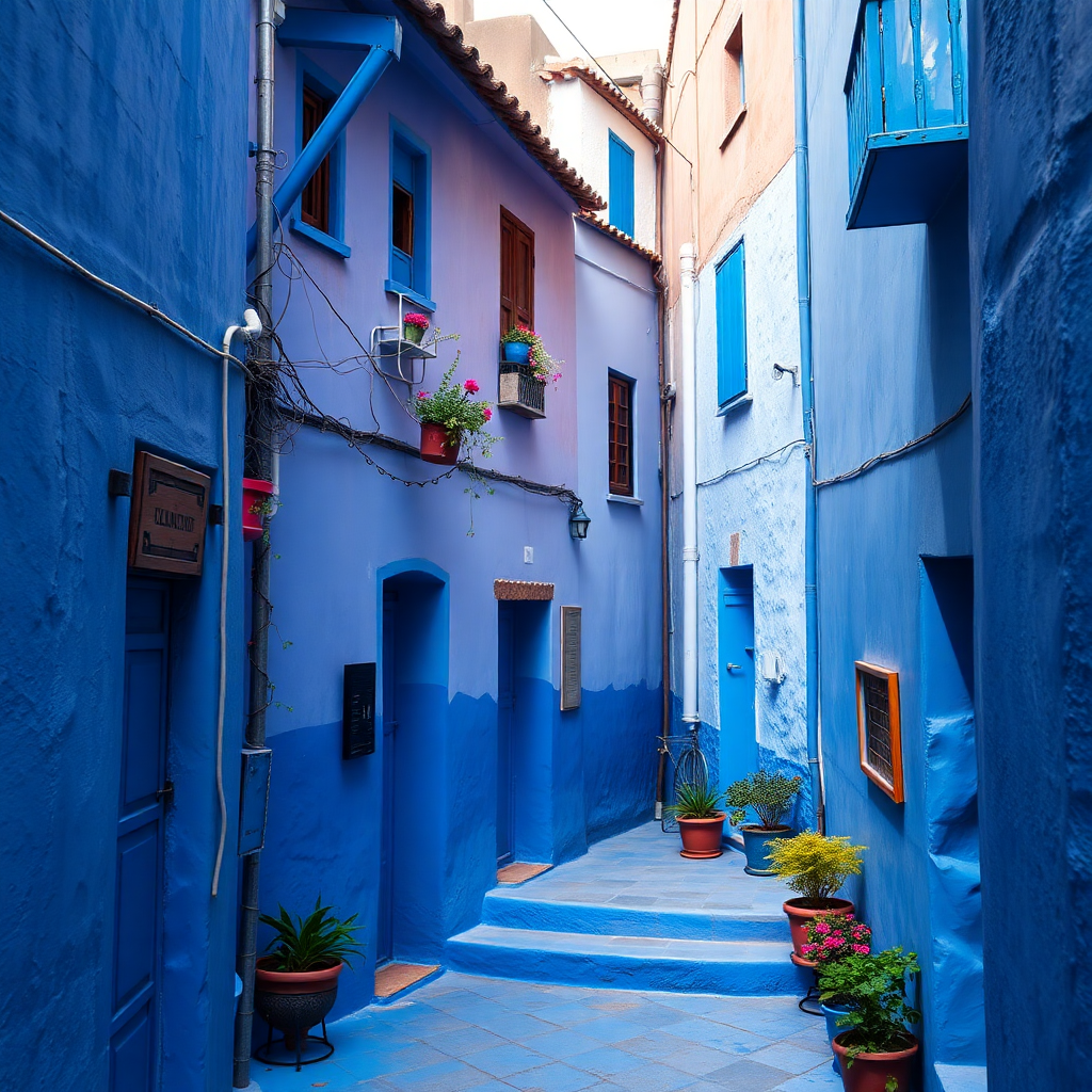blue city chefchaouen morocco, narrow streets with blue buildings, professional travel photography