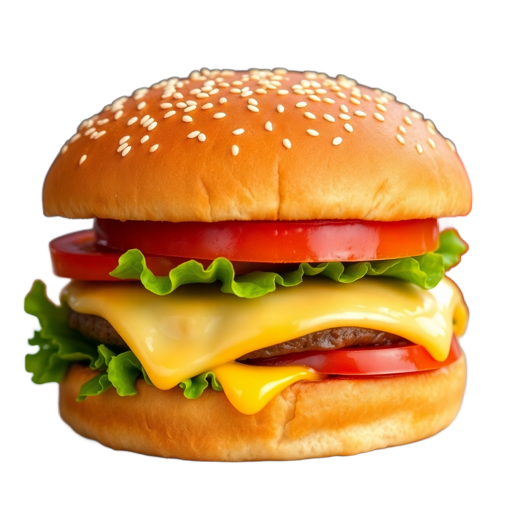 classic double cheeseburger with sesame bun lettuce tomato melting cheese product photography