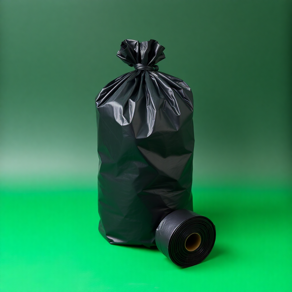 black HDPE garbage bags, heavy duty waste bags on roll, biodegradable trash bags, professional product photography