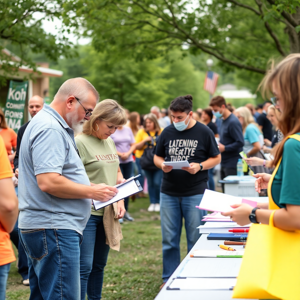 volunteers organizing community event, people working together with clipboards and tables, community action