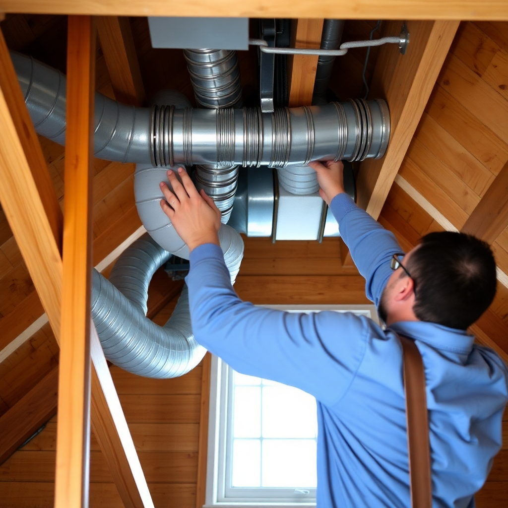 worker installing flexible HVAC ductwork in an attic space